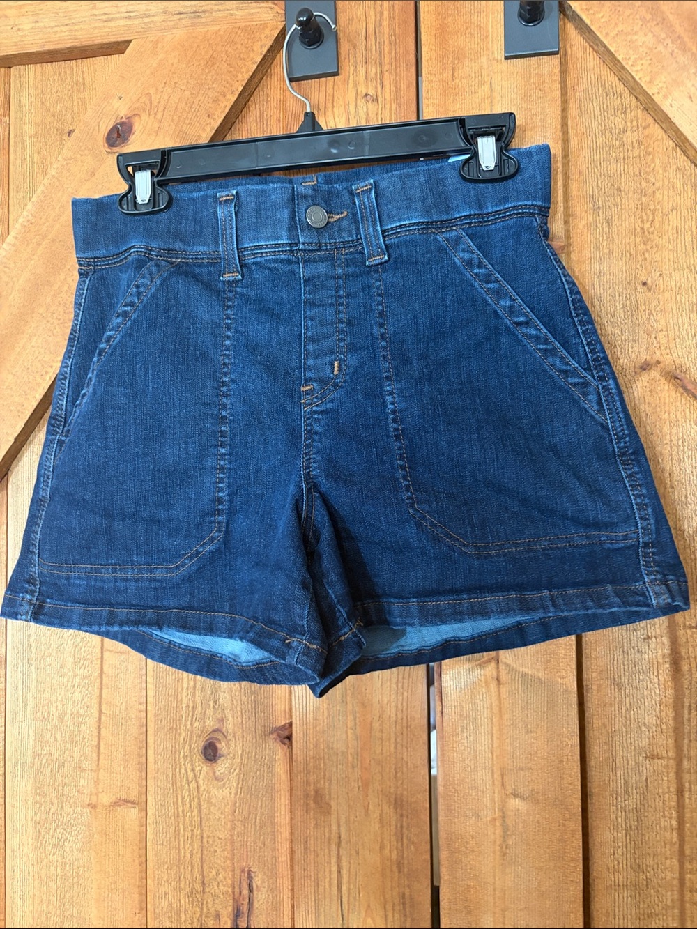 High-Rise Dark Blue Denim Shorts with Front Patch Pockets, Pull on Shorts